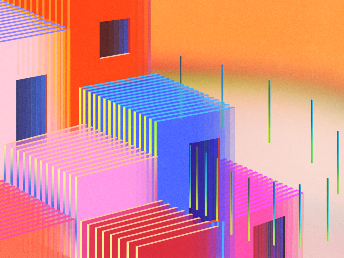 Abstract geometric artwork featuring colorful overlapping rectangles and lines in shades of pink, blue, orange, and yellow, with a gradient background.