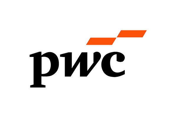 "PwC logo with black lowercase letters and two orange rectangles above."