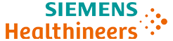 Logo for Siemens Healthineers, featuring the company name in turquoise and orange text with a modern dotted design element.