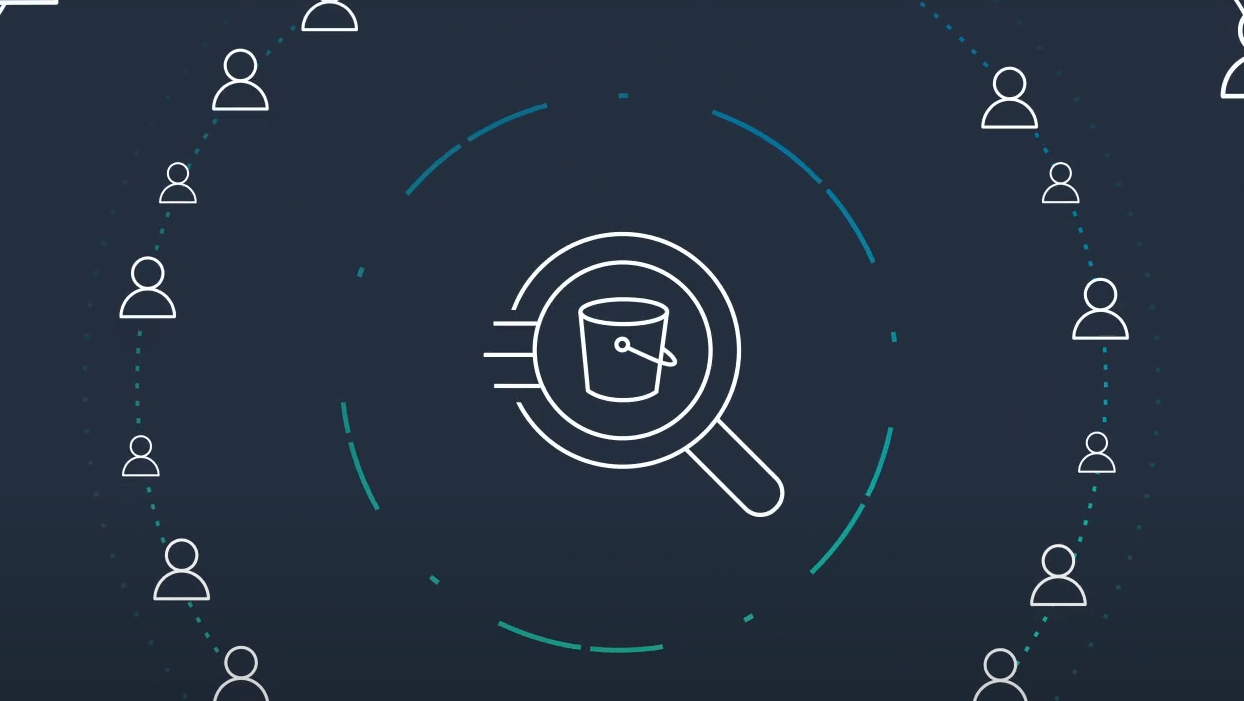 Illustration showing a magnifying glass with a bucket icon in the center, representing AWS Athena Spark data analysis. Surrounded by user icons and circular, digital design elements on a dark blue background.