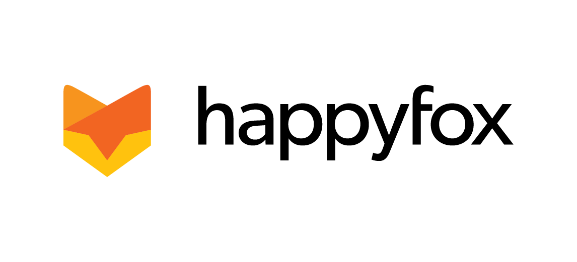 HappyFox logo with a stylized fox head in orange and yellow next to the text 'happyfox'.