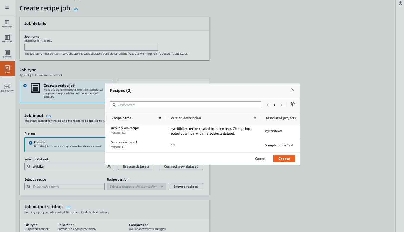 Screenshot of the AWS Glue DataBrew interface displaying the 'Create recipe job' workflow, including recipe selections and job input settings for dataset transformation.