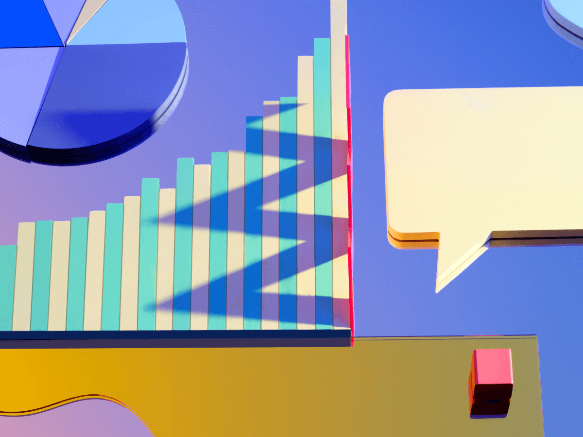 An abstract illustration representing analytics, featuring a 3D bar chart, pie chart, and speech bubble in colorful geometric shapes. Visual metaphor for AWS CloudTrail analytics capabilities.