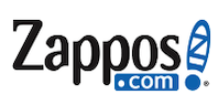 Zappos.com logo with stylized text and a blue exclamation mark resembling a shoe.