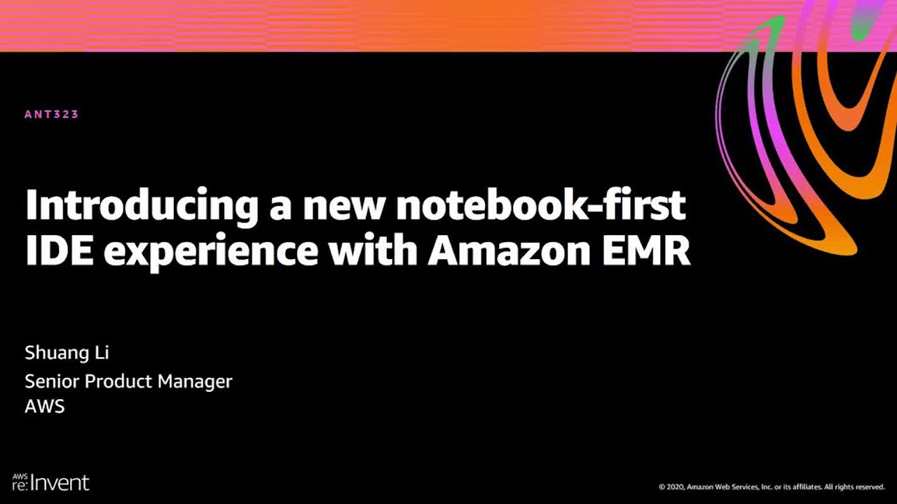 YouTube thumbnail featuring the title 'Introducing a new notebook-first IDE experience with Amazon EMR' from AWS re:Invent, presented by Shuang Li, Senior Product Manager at AWS.