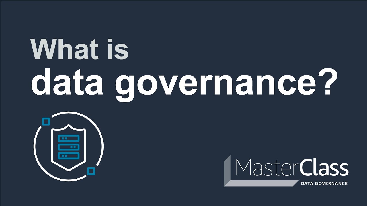 YouTube thumbnail image for the 'What is Data Governance?' MasterClass, featuring bold text asking 'What is data governance?', an icon of a shield with server racks, and the MasterClass Data Governance logo on a dark background.