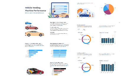 Infographic displaying vehicle vending machine performance data, including charts, graphs, and illustrations related to car sales, statistics, and machine performance metrics.