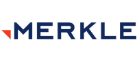 "Merkle logo with blue text and an orange triangular accent."