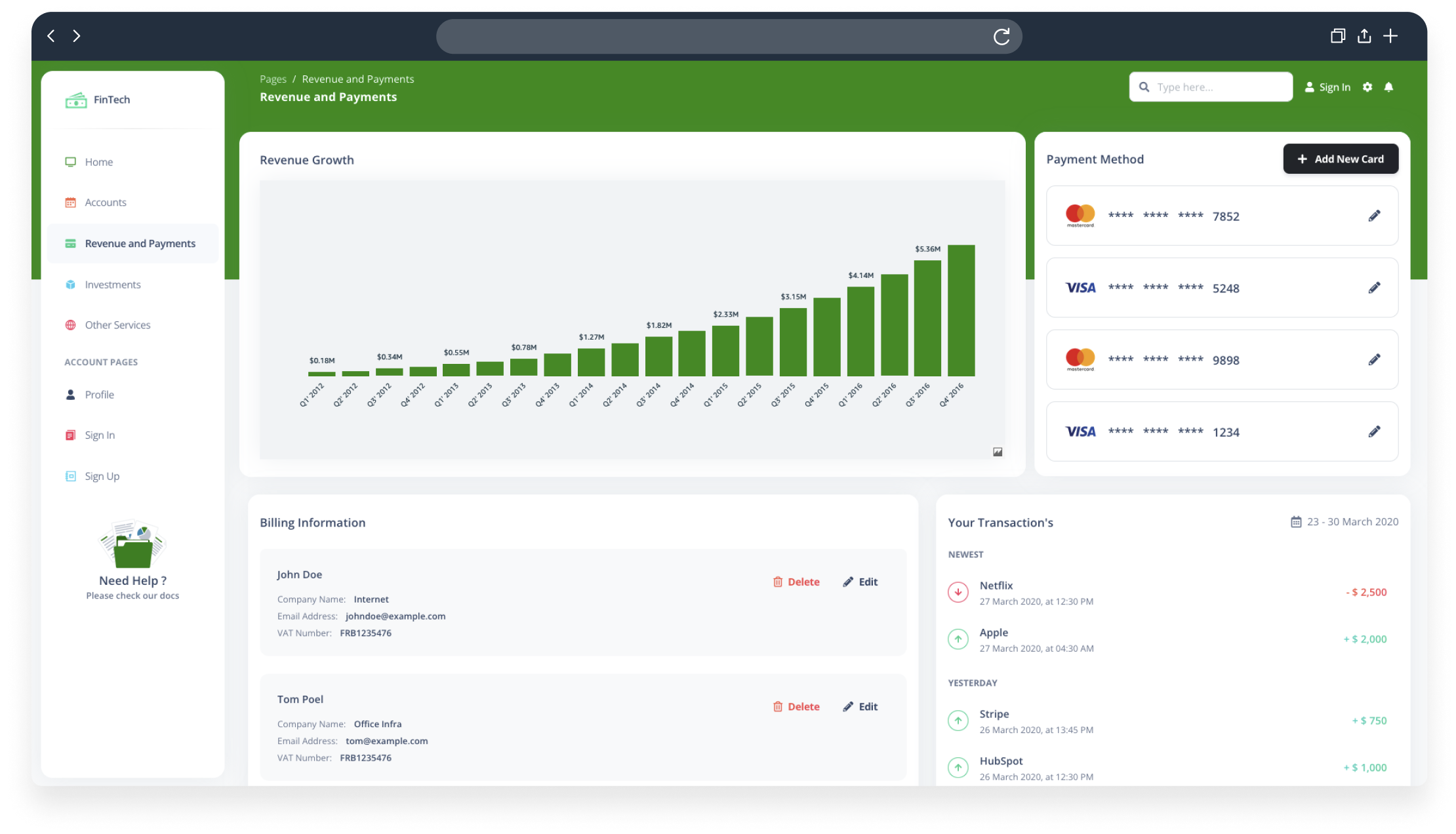 A screenshot of a FinTech dashboard user interface displaying revenue growth analytics, payment methods, recent transactions, and billing information. The dashboard includes a bar chart showing quarterly revenue growth, card payment options, and transaction details for financial management.