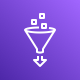 AWS Glue service icon featuring a stylized funnel with data blocks on a purple background.