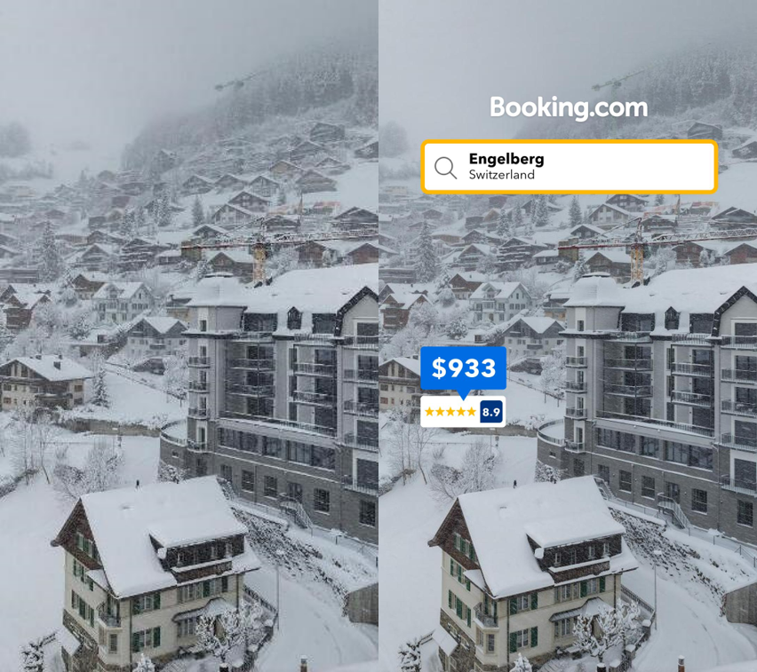 Snow-covered village in Engelberg, Switzerland, with Booking.com search and price overlay showing $933 and a rating of 8.9.