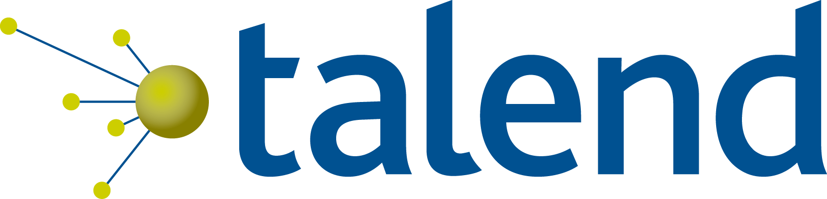 Talend logo featuring a blue wordmark with a yellow and blue sphere icon with connecting lines, on a transparent background.
