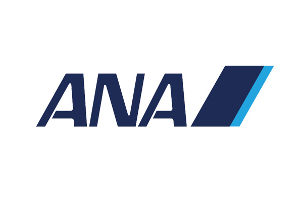 Logo of ANA with bold navy blue letters and a slanted blue and light blue stripe on the right.