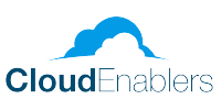 Logo of Cloud Enablers featuring the company name in blue text with a blue cloud graphic above it.