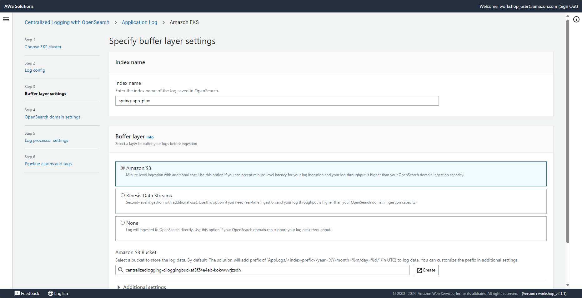Screenshot of the AWS Solutions interface for Centralized Logging with OpenSearch, showing buffer layer settings options for Amazon S3, Kinesis Data Streams, and None during the configuration of an EKS application log pipeline.