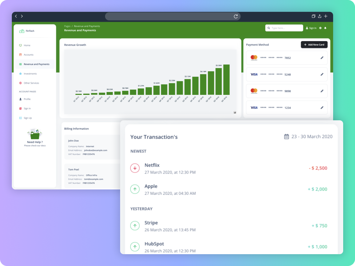 Embedded QuickSight visuals showing monthly revenue growth and a customer transaction list