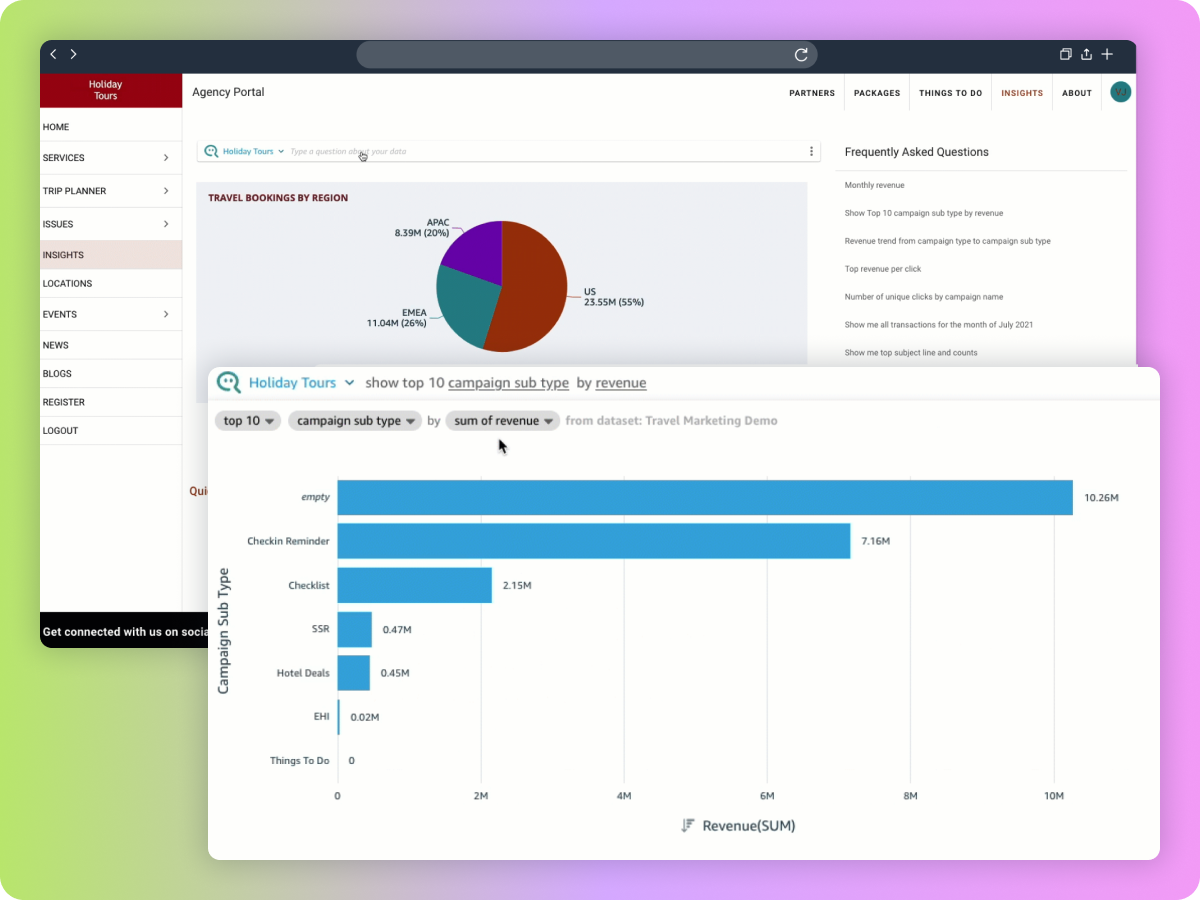 Embedded QuickSight dashboard in an agency portal with a natural-language question and revenue chart