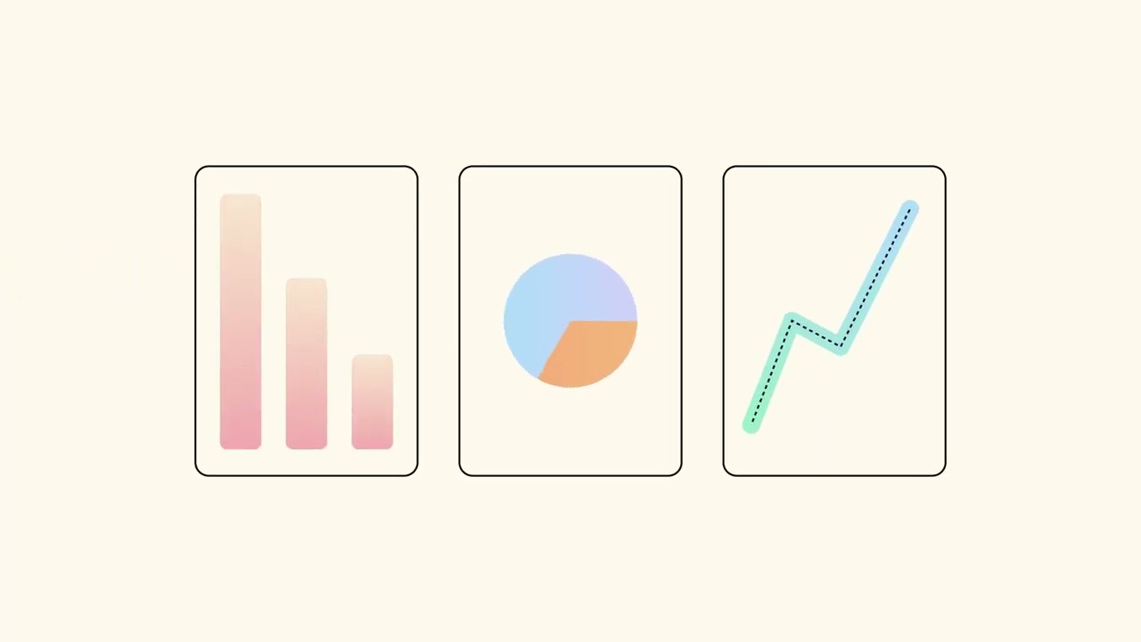 Illustration showing three types of data visualizations: a bar chart, a pie chart, and a line chart, each in a rectangular frame on a light background.