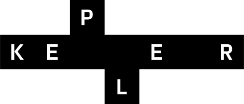 Black logo for Kepler designed in a crossword style, with the letters arranged in intersecting horizontal and vertical blocks.
