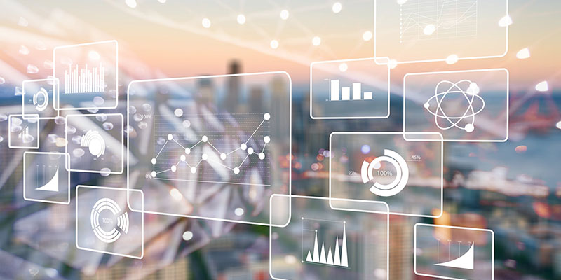 Digital abstract illustration of data analytics and dashboards with graphs, charts, and network icons overlayed on a cityscape background, representing digital transformation and data mesh for consumer packaged goods analytics.