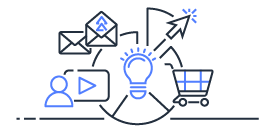 Illustration featuring icons representing AWS Pinpoint Analytics, including an envelope, shopping cart, light bulb, video, and user, symbolizing communication, marketing, and analytics integration.