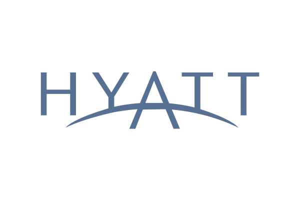 The Hyatt logo featuring uppercase letters and an arch design under the 'A', in blue on a transparent background.