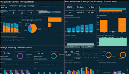 A screenshot of an AWS analytics dashboard showing usage cost summary, reserved instance & savings plan summary, storage summary, and compute summary for the previous month. Various charts, graphs, and data visualizations display cost analytics and trends.
