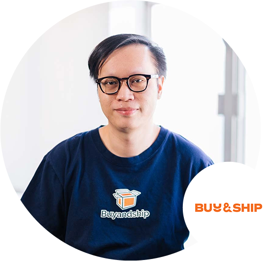 Portrait of a Buyandship representative wearing branded apparel, featuring the Buyandship logo and text, with an additional circular Buyandship logo displayed in the corner.
