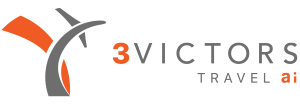 Logo for 3Victors Travel AI, featuring an abstract airplane design and company name in gray and orange text.