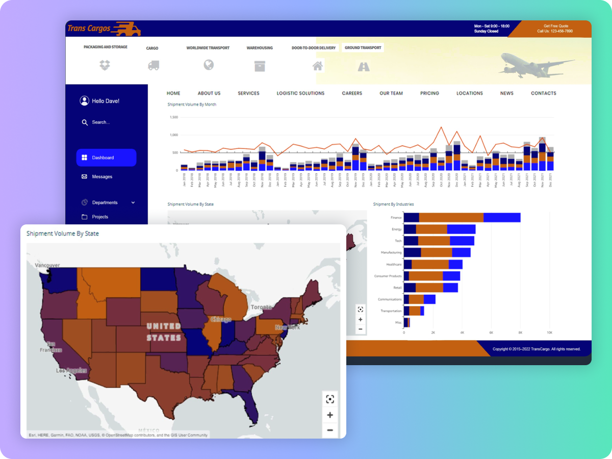 Embedded QuickSight dashboard showing airline sales trends and a United States map