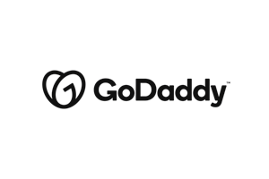The GoDaddy logo in black and white featuring a heart-shaped icon with a 'G' inside, followed by the GoDaddy wordmark.