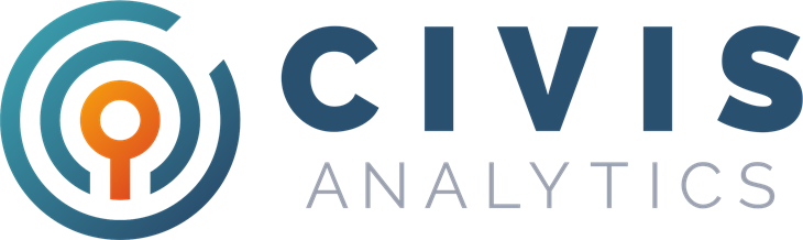 "Civis Analytics logo with a circular design featuring concentric blue rings and an orange keyhole shape."