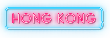 A digital graphic of the words 'HONG KONG' in bright pink neon lettering, displayed on a blue neon-outlined rectangular background.