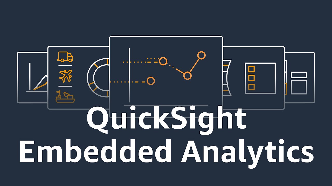 QuickSight Embedded Analytics title graphic with line art of charts and reports