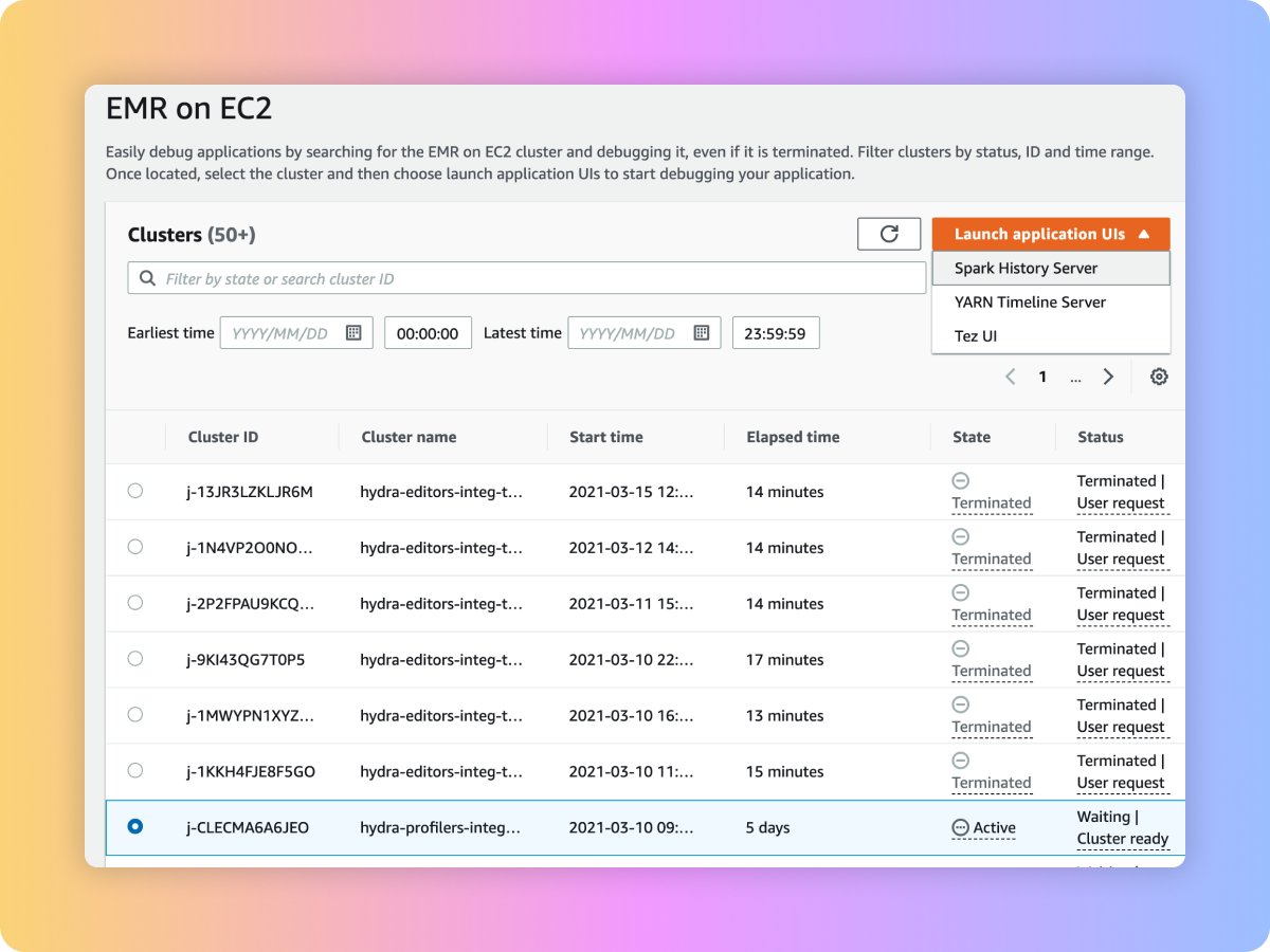 Screenshot of the AWS EMR Studio interface showing EC2 cluster management and debugging features within a Jupyter notebook environment. The interface lists various EMR clusters, their IDs, states, elapsed times, and launching options for application UIs such as Spark History Server, YARN Timeline Server, and Tez UI.