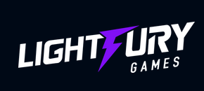 "Light Fury Games logo with a purple lightning bolt replacing part of the text on a dark background."