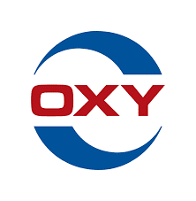 The Oxy logo featuring the word 'OXY' in red letters with a blue circular design around it.
