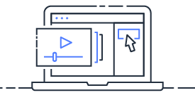 A line drawing of a laptop displaying a user interface, featuring a pop-out video player icon and a cursor pointing to a button.