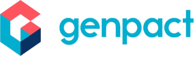 The logo of Genpact, featuring a geometric icon with the company name in blue lowercase letters.