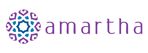 Amartha company logo featuring purple text and a circular mandala design on the left.