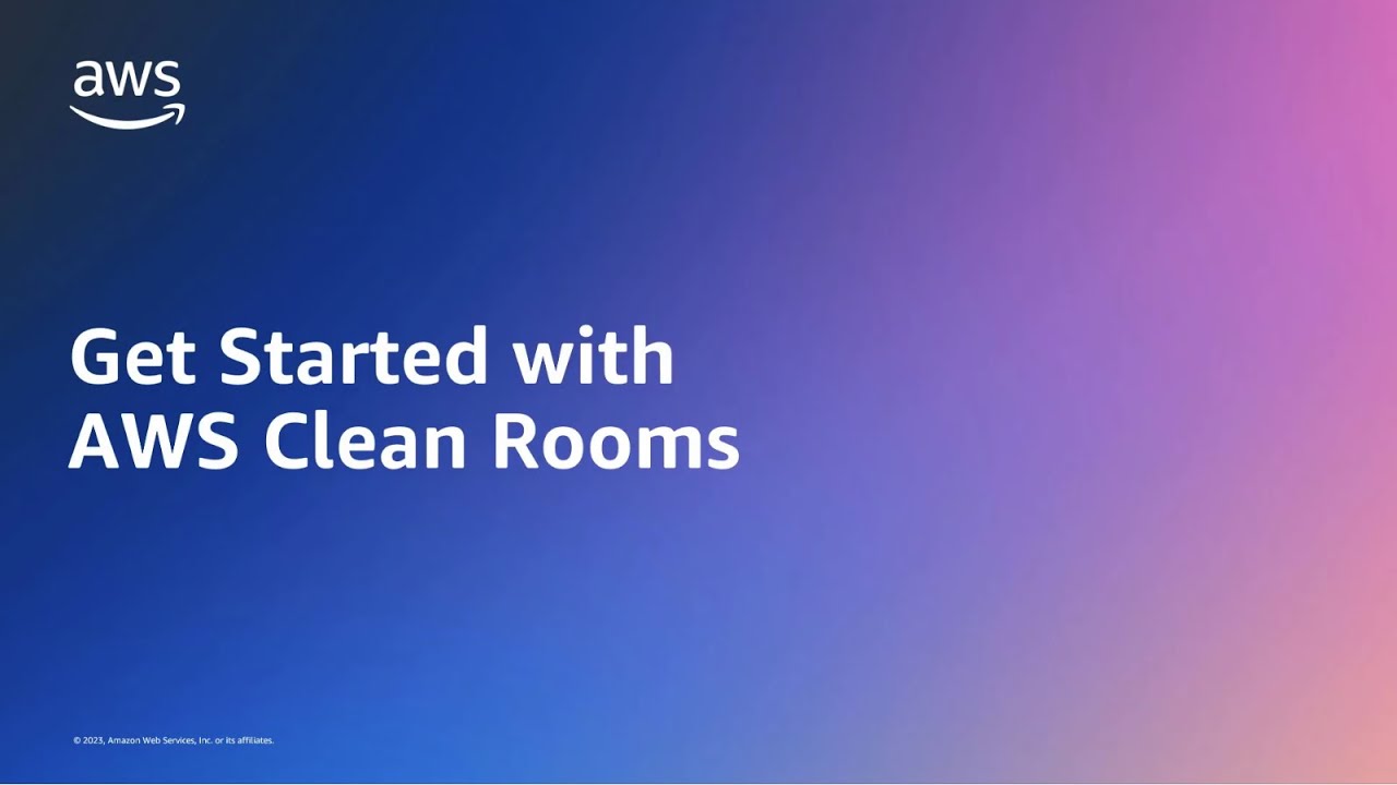 YouTube thumbnail image with the title 'Get Started with AWS Clean Rooms' on a blue to purple gradient background, featuring the AWS logo.