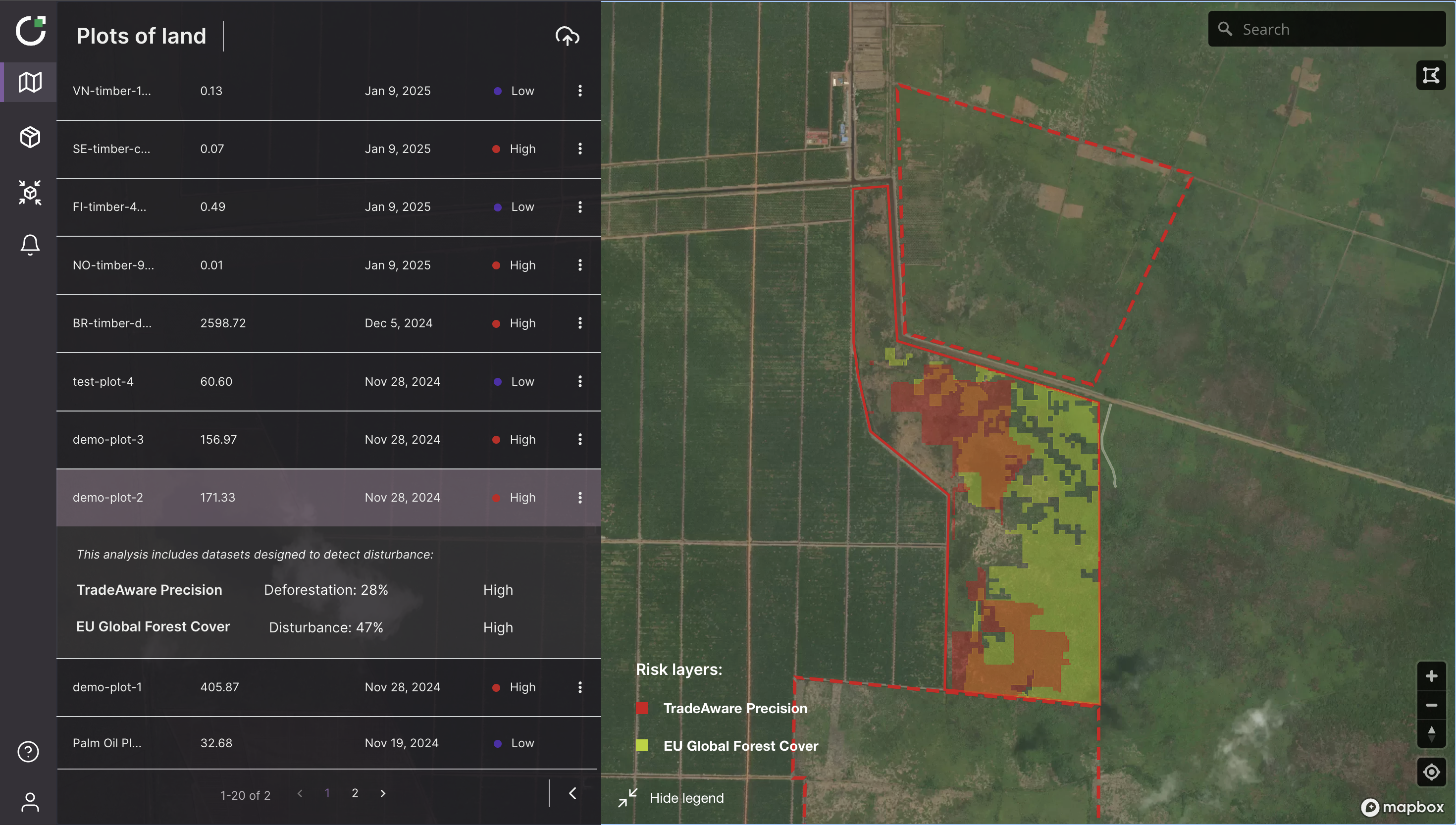 Map interface showing plots of land with risk layers indicating deforestation and disturbance levels, alongside a table listing plot details and risk assessments.