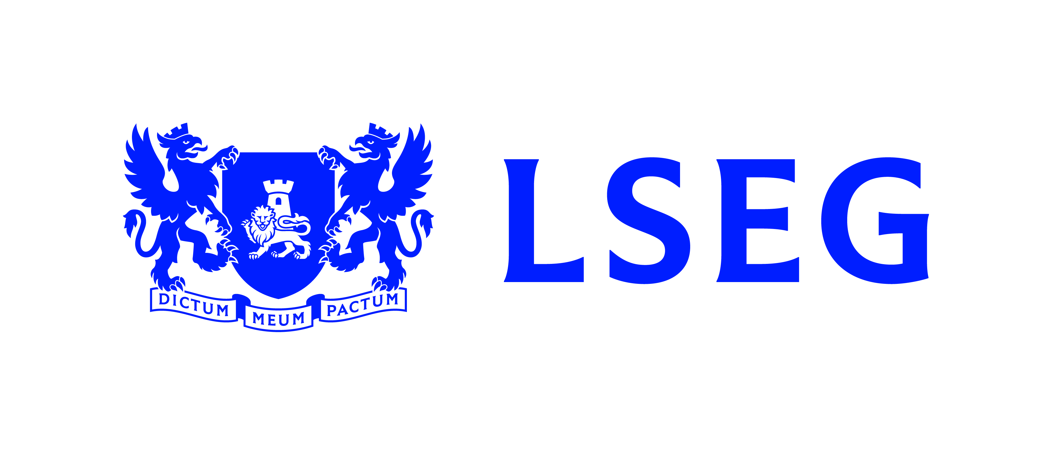 Blue Logo of London Stock Exchange Group (LSEG) featuring a crest with two griffins and the motto "Dictum Meum Pactum."
