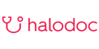 Halodoc logo in pink with a stethoscope graphic on a white background.