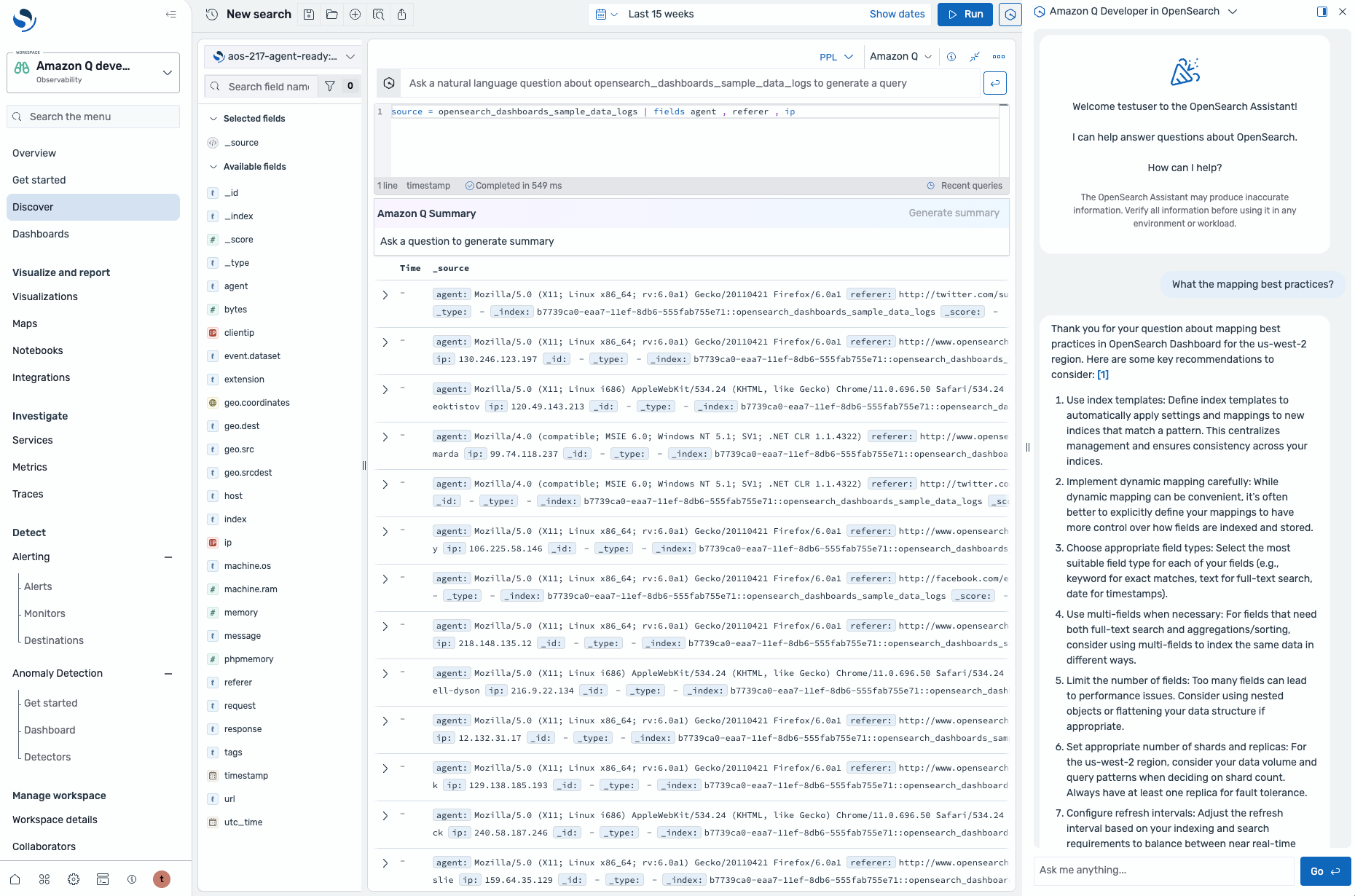 "OpenSearch dashboard showing a query interface, log data results, and an AI assistant providing recommendations on mapping best practices."