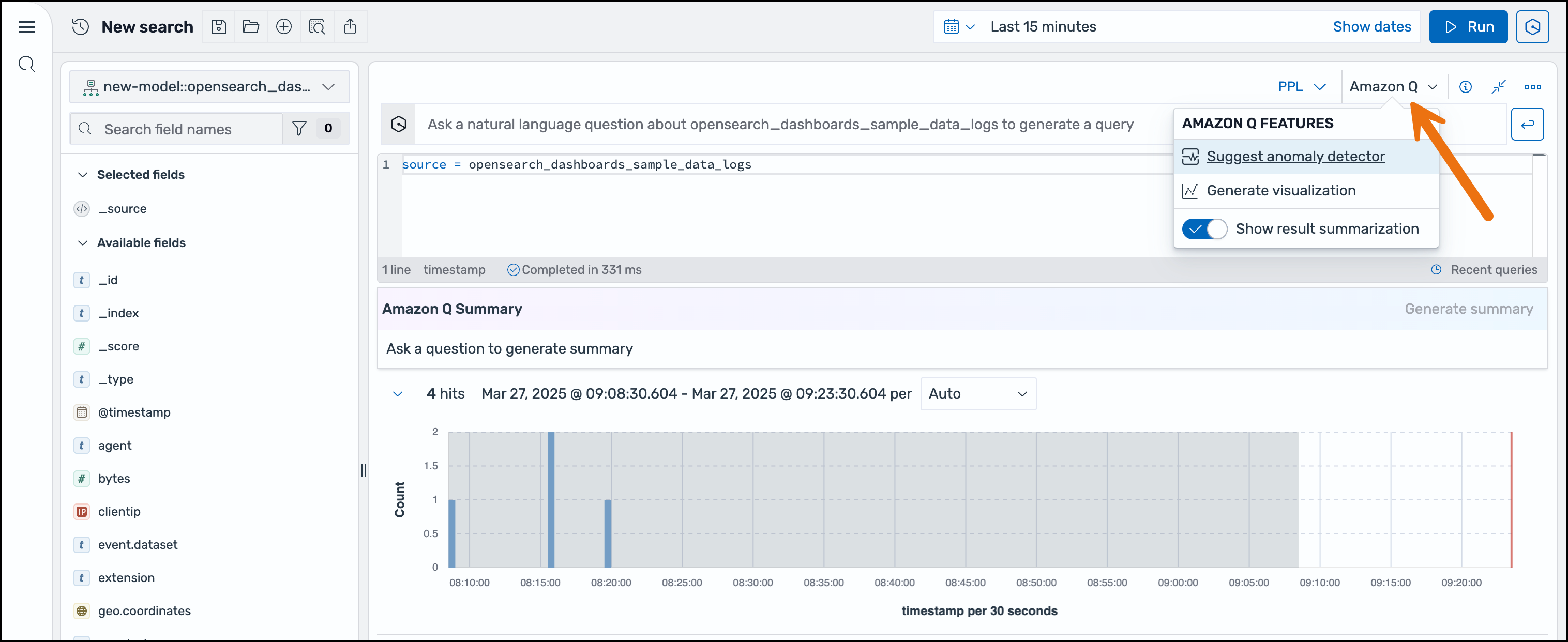 Screenshot of an OpenSearch dashboard showing query results with a timestamp-based bar chart and an "Amazon Q Features" dropdown menu highlighted.