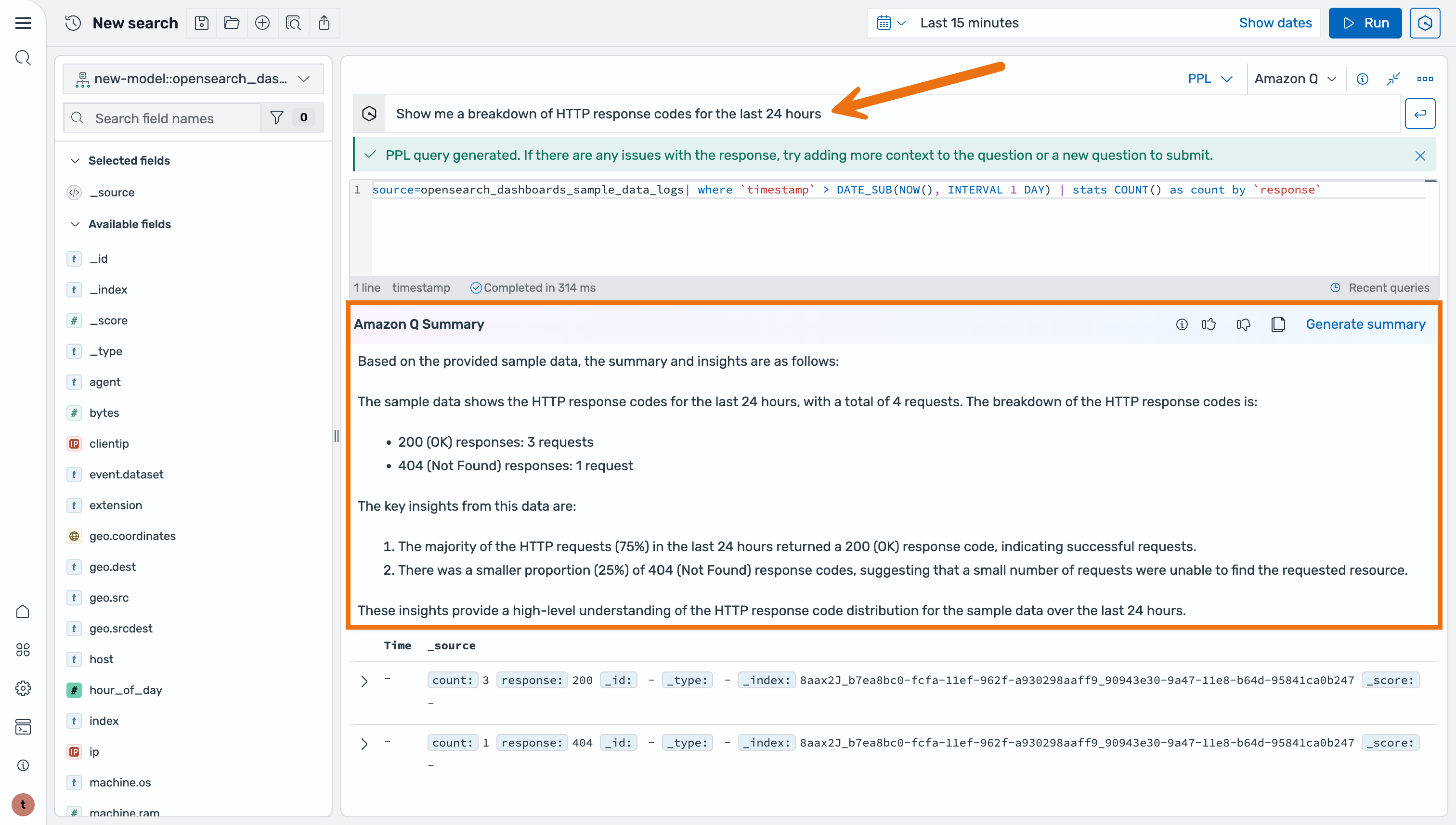 Screenshot of a data query interface showing a breakdown of HTTP response codes for the last 24 hours, with a summary indicating 75% successful (200 OK) responses and 25% failed (404 Not Found) responses.