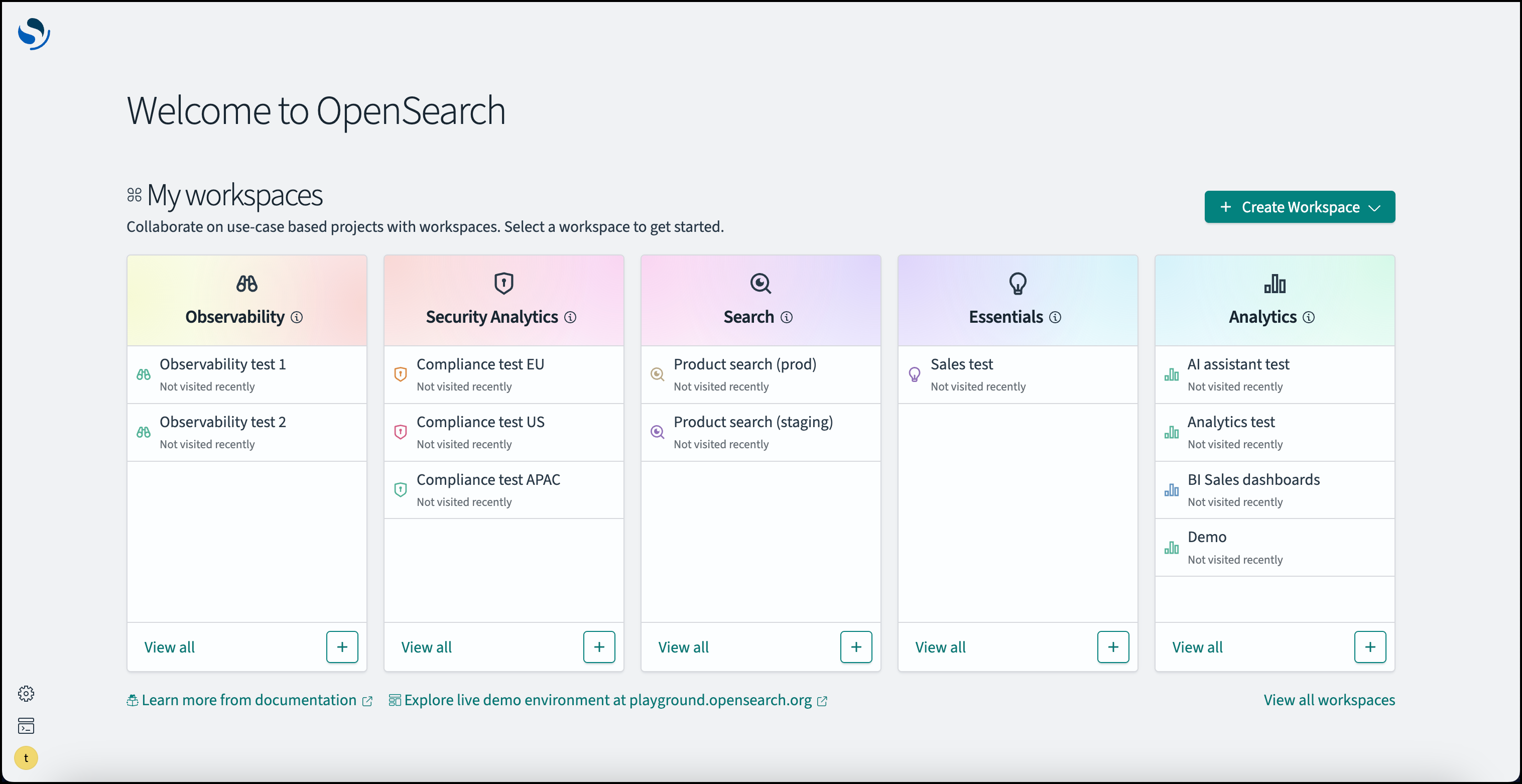 "OpenSearch dashboard displaying categorized workspaces for Observability, Security Analytics, Search, Essentials, and Analytics, each with listed projects and a 'Create Workspace' button."