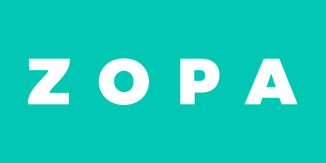 White text spelling "ZOPA" on a teal background.