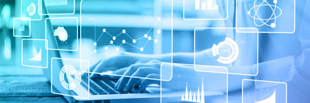 Person typing on a laptop with various digital data analytics and healthcare-related icons and graphs overlaid, representing digital health analytics and data visualization.